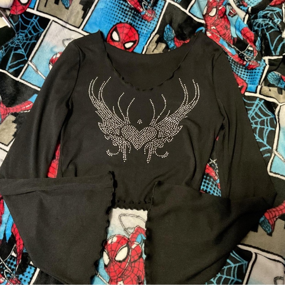 Black Long Sleeve Top with Rhinestone Design